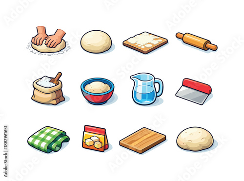 Baker's Isometric Icons. A baker kneading dough by hand on a flour-covered surface. Colorful isometric vector icons set of a baker kneading dough by hand on a