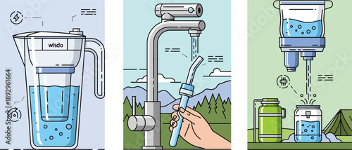 Various water filtration methods including a pitcher filter, faucet attachment, and portable system are illustrated against light backgrounds.
