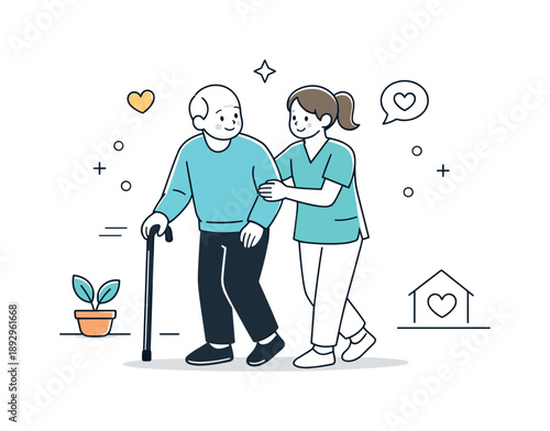 Gentle Assistance Scene. Elderly care support. Care professional helping an elderly person walk with light assistance. Trust, care, and gentle guidance.