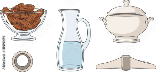 Assortment of dining and kitchen items features a glass bowl of almonds, a water carafe, and a covered serving dish.