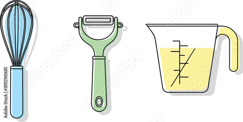 Kitchen utensils including a whisk, vegetable peeler, and measuring cup with liquid are displayed against a white background.