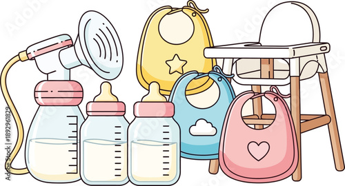 Various baby feeding essentials such as a breast pump, milk bottles, bibs, and a high chair are displayed together for infant care.