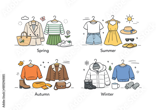 Seasonal Fashion Spread. Seasonal collections overview. A clean editorial scene with clothing and accessories grouped by season, neatly arranged. The