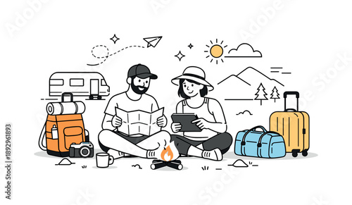 Nomadic Planning Scene. Nomadic work lifestyle. Travelers sharing a moment of planning with a map or tablet, surrounded by luggage and natural elements. Calm