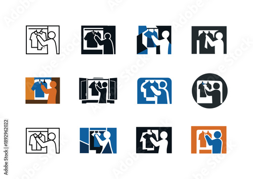 Outfit Selection Logos. Choosing an outfit. Icon set. Set Logo of Choosing an outfit: person selecting clothes from wardrobe. harmonious logo variations of the