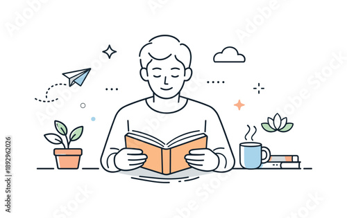 Mindful Reading Moment. Mindful reading. A calm individual focused on a book, disconnected from digital distractions. Presence, learning, and inner calm shown