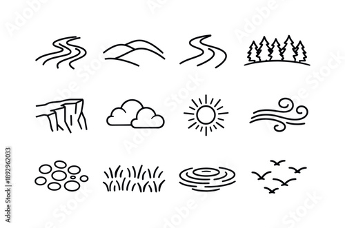 Valley Nature Icons. Nature Elements of a Valley. Line icon set of Nature Elements of a Valley: flowing river, rolling hill, curved path, tree line, rocky