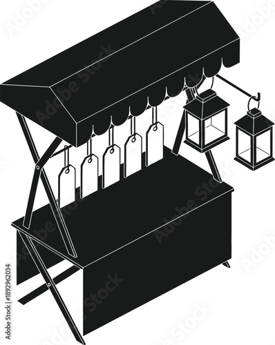 A solid black silhouette depicts an isometric view of a foldable market stall or vendor booth featuring hanging price tags and decorative lanterns.