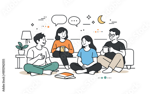 Evening Friendship Moments. Evening chat with friends. A group sitting on a couch or floor with warm lights, softly talking and smiling. Calm end-of-day moment