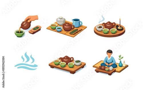 Tea Ceremony Icons. Tea Ritual. Isometric flat vector icons set of Tea Ritual: mindful pouring motion block, arranged teaware layout, balanced tea setup,