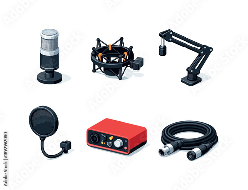 Podcast Equipment Icons. Podcast Mic. Isometric flat vector icons set of podcast mic: studio condenser microphone, shock mount holder, adjustable boom arm, pop
