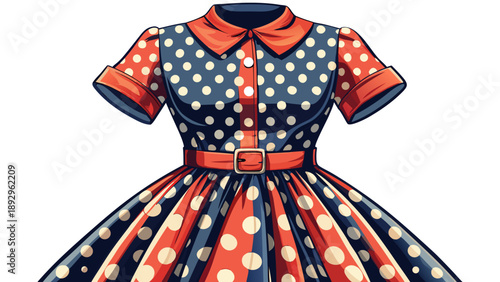 Very beautiful close-up of a classic 1950s American women’s polka dot dress with tailored fabric and retro style, isolated on white background, highlighting iconic mid-century fashion details.