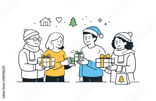 Community Holiday Gift Exchange. Community holiday kindness. Neighbors standing together and exchanging gifts with relaxed smiles. Sense of belonging and