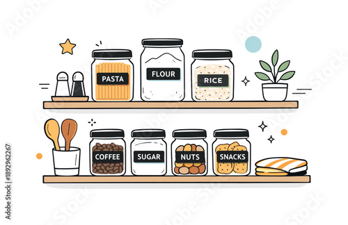 Modern Kitchen Organization. Modern kitchen storage. Minimal glass jars with simple labels, suggesting smart organization and a tidy home. Friendly, calm