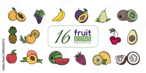 16 Colorful Fruit Icons Set Apple Banana Grape Watermelon Avocado Citrus Berry Hand Drawn Flat Vector Collection for Food Healthy Organic Design