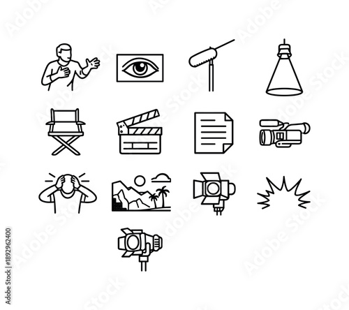 Dramatic Film Icons. Dramatic film scene. Line icon set of Dramatic film scene: intense actor pose, camera close-up, boom mic shadow, spotlight cone, director