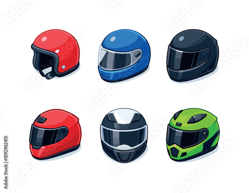 Isometric Rider Helmets. Rider helmet. Isometric flat vector icons set of rider helmet: classic motorcycle helmet, helmet with clear visor, helmet with tinted
