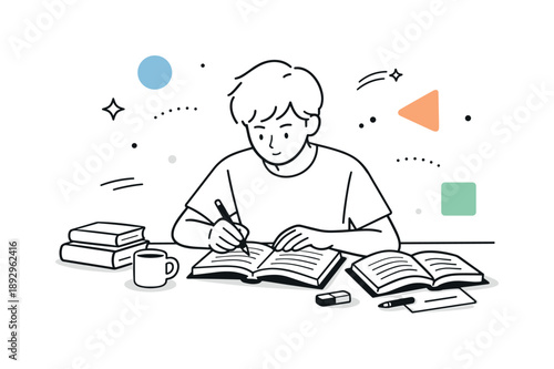 Focused Study Session. Exam preparation. A student sitting at a desk, studying notes and books with focused attention. Calm concentration and steady learning