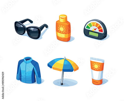 UV Protection Icons. UV protection set. Isometric flat vector icons set of UV protection set: oversized sunglasses, sunscreen lotion bottle, UV index meter,