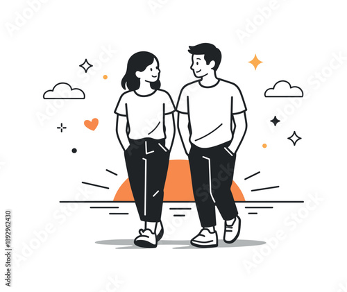 Sunset Stroll Couple. Sunset walk couple. Two people strolling side by side, gentle conversation and soft sunset glow behind them. Quiet connection and shared