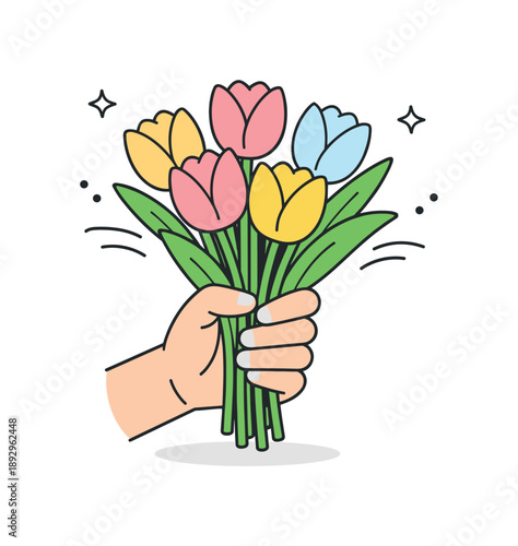 Tulip Bouquet Bliss. Tulip bouquets. Clean editorial scene showing a hand holding a simple tulip bouquet, warm and friendly atmosphere. Focus on natural shapes