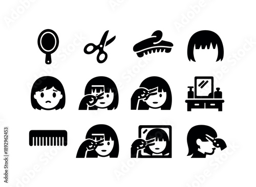 DIY Bangs Icons. Cutting bangs illustration DIY. Solid icon set of Cutting bangs illustration DIY: handheld mirror, home scissors, hair clip, uneven cut,