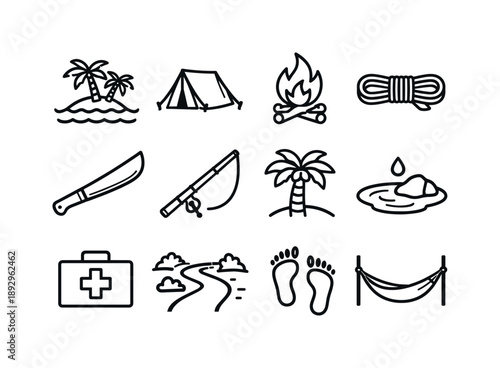 Island Survival Icons. Island survival camp. Line icon set of Island survival camp: tropical island, tent setup, bonfire, rope coil, machete, fishing pole,
