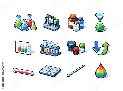 Colorful Lab Icons. Volumetric Lab Setup. Colorful isometric vector icons set of Volumetric Lab Setup: array of flasks, pipette tray, reagent bottles, funnel,