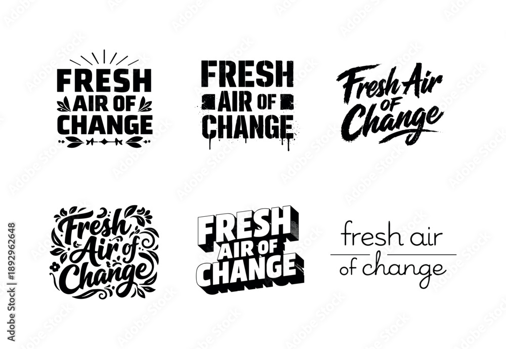 Fototapeta premium Fresh Air Lettering Grid. Fresh Air of Change Lettering. Set lettering. harmonious lettering variations of the same emblematic concept, each with different