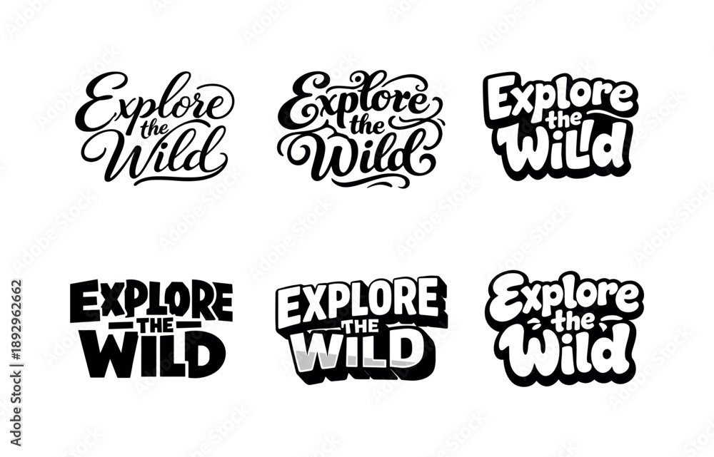 Fototapeta premium Explore Lettering Grid. Explore the Wild. Set lettering. harmonious lettering variations of the same emblematic concept, each with different artistic