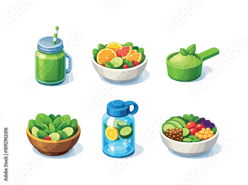 Detox Nutrition Icons. Detox Nutrition. Isometric flat vector icons set of Detox Nutrition: green smoothie jar, citrus salad bowl, herbal supplement scoop,