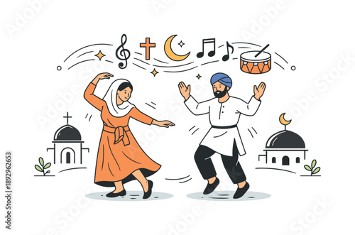 Harmonious Cultural Dance. Religious influence on music and dance. A calm scene showing traditional dance steps guided by rhythmic music symbols above the