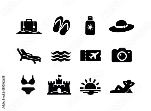 Beach Vacation Icons. Beach vacation. Solid icon set of Beach vacation: suitcase on sand, flip flops, sunscreen bottle, travel hat, beach chair, ocean waves,