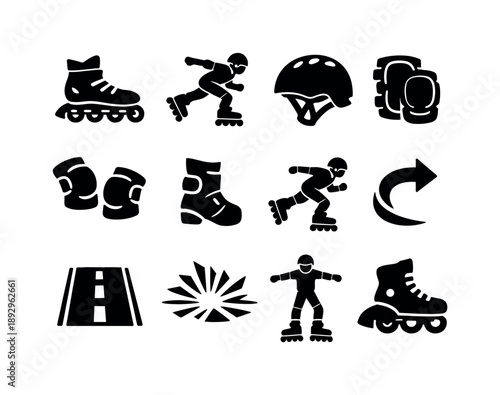 Inline Skating Icons. Inline Skating. Solid icon set of Inline Skating: inline skates, athlete figure, protective helmet, knee protection, elbow protection,