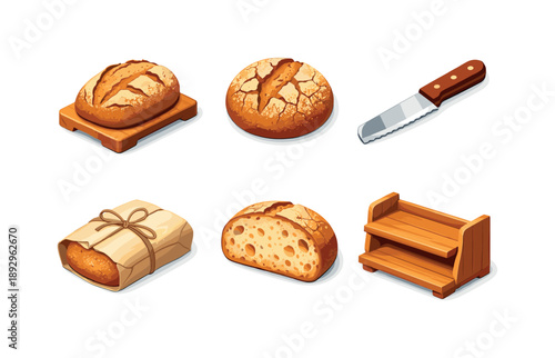 Sourdough Icon Grid. Bakery Sourdough. Isometric flat vector icons set of bakery sourdough: display bread loaf, cracked crust texture, bread cutting knife,