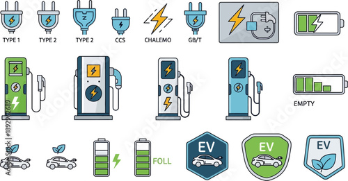 A collection of electric vehicle charging plugs, stations, and battery level indicators are displayed with clean line art icons.