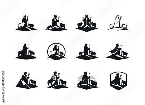 Shepherd Logo Variations. Shepherd. Icon set. Set Logo of Shepherd: shepherd silhouette on hill. harmonious logo variations of the same emblematic concept,