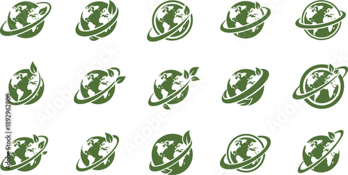 Collection of 15 Green Eco Icons Featuring Stylized Earth, Leaf Motifs, and Orbit Rings for Sustainability and Environmental Awareness Themes