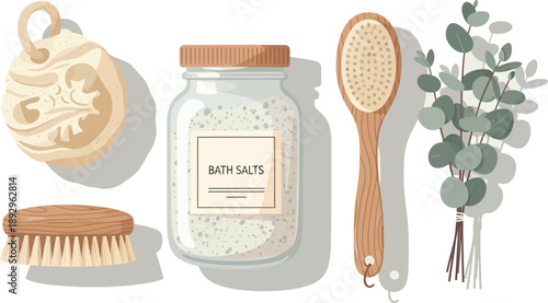 A collection of bath salts, wooden brushes, and eucalyptus sprigs arranged for a spa treatment mockup.