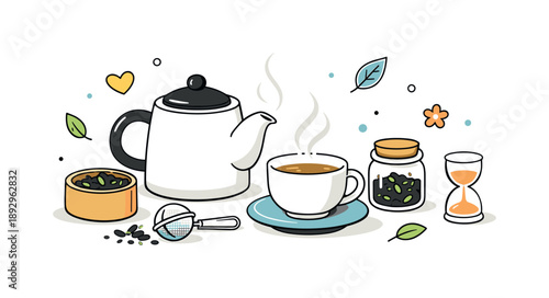 Calm Tea Ritual. Loose leaf tea lifestyle. A clean editorial scene of a tea set used for loose leaf tea, with warm steam and simple decorative elements