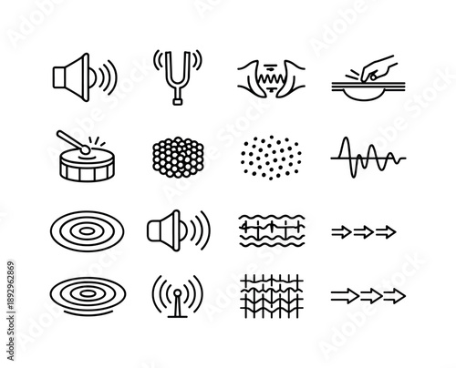 Sound Wave Icons. Sound Wave Creation. Line icon set of Sound Wave Creation: vibrating speaker cone, tuning fork vibration, vocal cords vibration, plucked