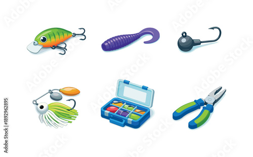 Lure Fishing Icons. Lure Fishing. Isometric flat vector icons set of Lure Fishing: crankbait lure, soft plastic worm bait, jig head hook, spinnerbait lure,
