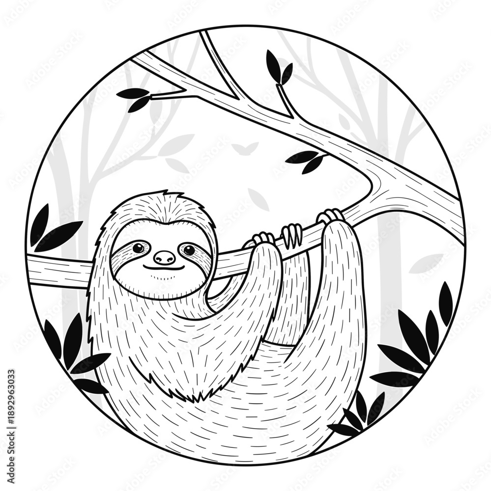 Fototapeta premium Sloth hanging on tree branch in forest inside circular frame Isolated transparent background ( include cut-out PNG file )
