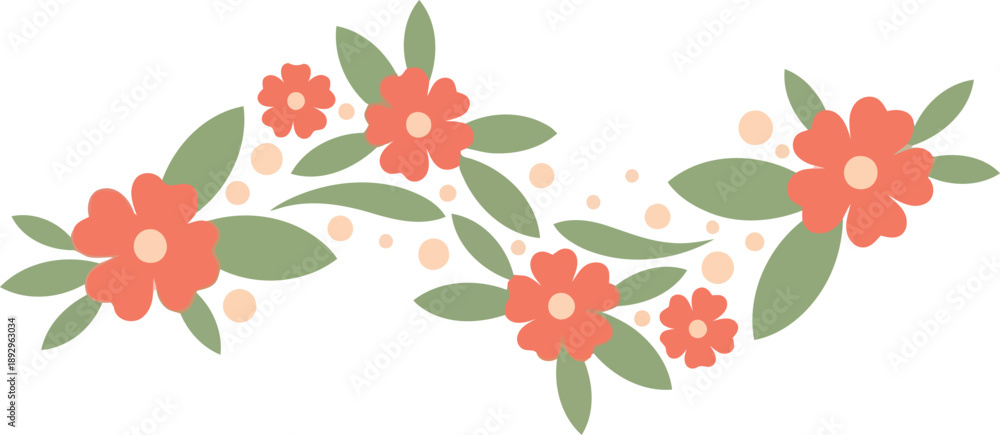 Obraz premium Whimsical Coral Floral Border Vector with Green Leaves on White