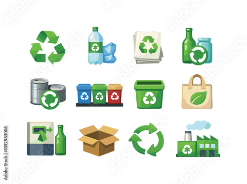 Colorful Recycling Icons. Recycling. Colorful flat vector icons set of recycling: recycle symbol, plastic recycling, paper recycling, glass recycling, metal