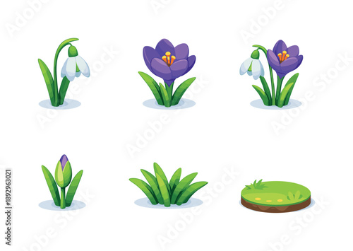 Snowdrop Crocus Icons. Snowdrop Crocus Set. Isometric flat vector icons set of Snowdrop Crocus Set: single snowdrop flower, single crocus flower, paired flower