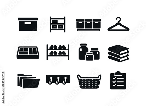 Home Organization Icons. Home Organization. Solid icon set of Home Organization: storage boxes, shelf, labeled bins, closet hanger, drawer organizer, shoe