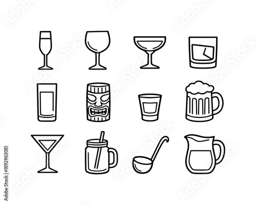 Celebration Drink Icons. Party drinks. Line icon set of celebration drinkware: champagne flute, wine goblet, cocktail coupe, rocks glass, highball glass, tiki