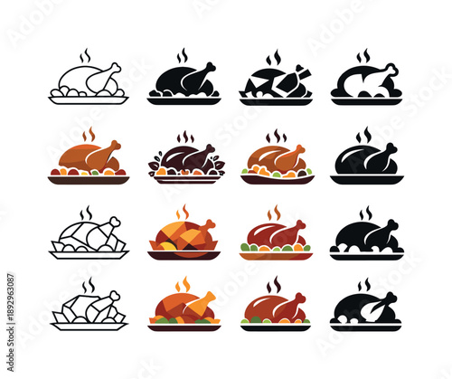 Festive Meal Icon Set. Preparing a festive meal. Icon set. Set Logo of Preparing a festive meal: roasted turkey. harmonious logo variations of the same