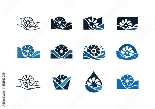 Micro-Hydro Logo Set. Micro-hydro systems. Icon set. Set Logo of Micro-hydro systems: small water turbine in flowing stream. harmonious logo variations of the